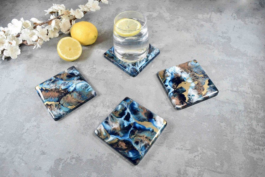 Kate Chesters Art Blue Bronze Gold Abstract Art Set of 4 Drinks Coasters