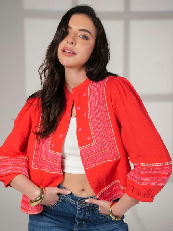 Rose & Nancy Florence Coral Red Embroidered Easy Throw-On Jacket