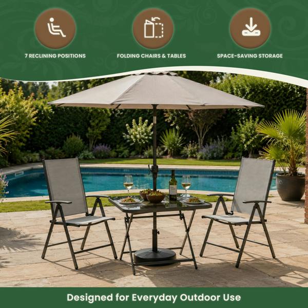 The Garden Marketplace Garden Dining Set – 2 Seater Folding Table & Reclining Chairs with Parasol Hole, Tempered Glass Top, Brown Textoline