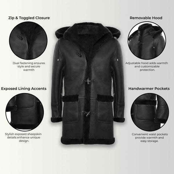 Infinity Leather Mens Winter Sheepskin Hooded Duffle Coat-Isleworth