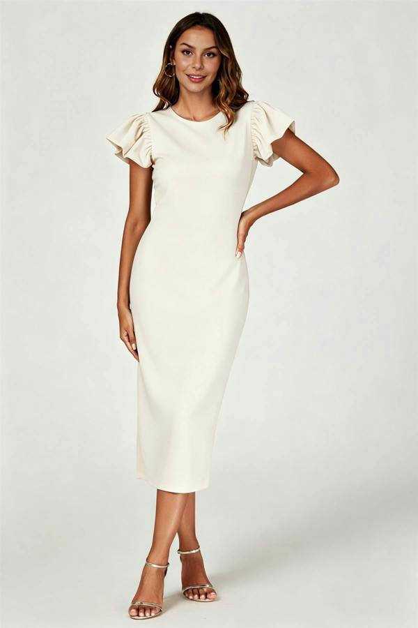 FS Collection Volume Sleeve Bodycon Midi Dress In Off White