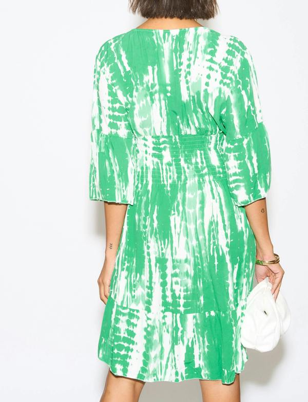 Hoxton Gal Oversized Shirred Waist Flutter Sleeve V Neck Mini Dress with Tie Dye Print Details in White and Green