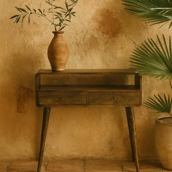 Wyld Haus Trapani Curved Grey Washed Mango Wood Console Table 2 Drawers Open Shelf