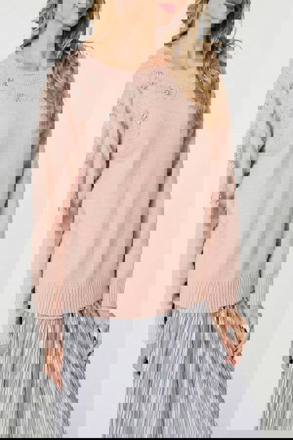 Pink | Sparkly Floral Detail Relaxed Jumper
