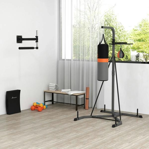 Freestanding boxing bag and speed ball station with grey frame and hanging punch bag