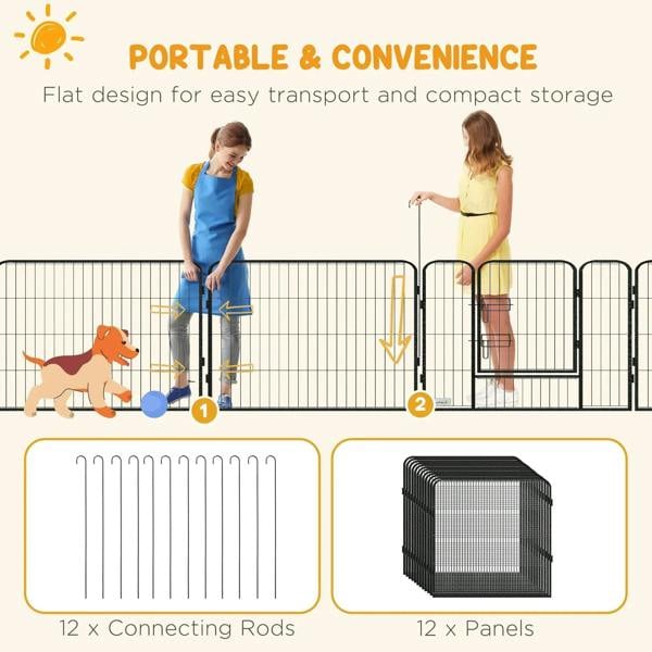 Portable grey puppy playpen with 12 panels and connecting rods