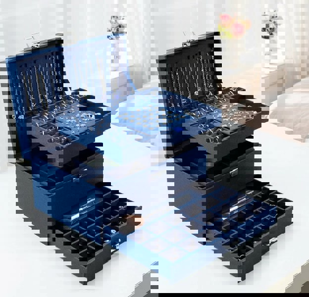 Modcraft 3-Layer Blue Jewellery Box with Lock, Drawer Organizer for Rings, Earrings & Necklaces