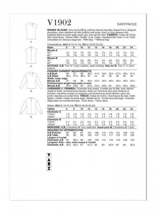 Vogue Sewing Pattern 1902, Tops, Vintage Style for Women, A5 (6-8-10-12-14) - Easy