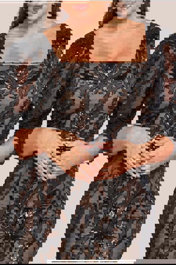 Square Neck Scalloped Embroidered Sequin Midi Dress - Black DR4124PLUS