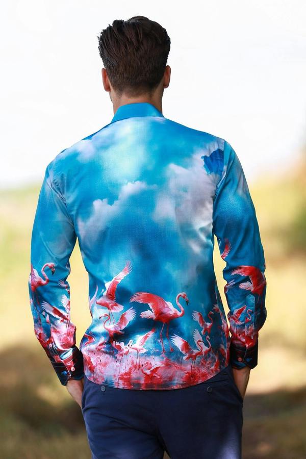CLAUDIO LUGLI SKY FLAMINGO PLACEMENT PRINT SHIRT – Premium Men's Patterned Shirt by Claudio Lugli | Bold Design, Tailored Fit, Best Printed Shirts