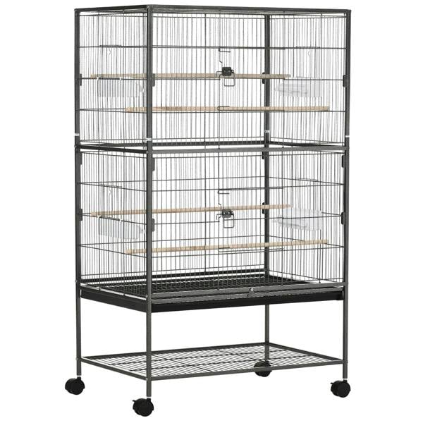 Dark grey rolling bird cage with front doors, two levels, slide-out tray and stand