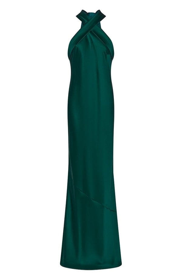 Rewritten London Roma Dress in Forest Green Satin