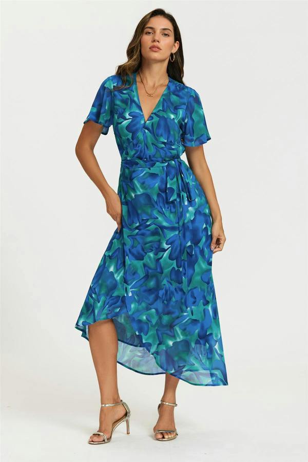 FS Collection Abstract Floral Print Wrap Maxi Dress In Blue