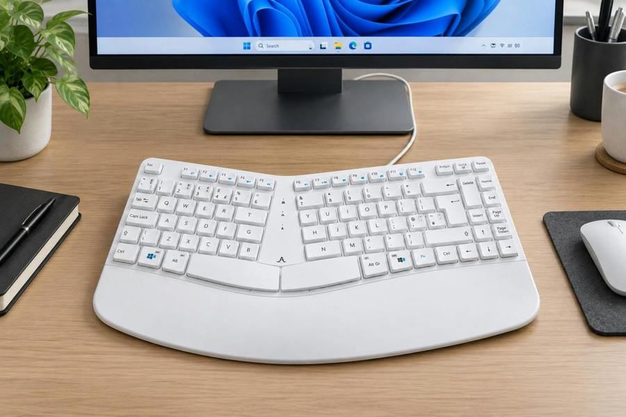 Accuratus Contour PC & Mac White - USB-A/C Sculptured Ergonomic Split Key Multimedia Keyboard with Reverse Tilt