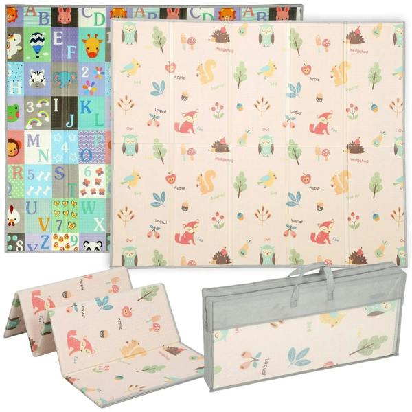 Foldable reversible foam play mat with animal and alphabet designs, double-sided