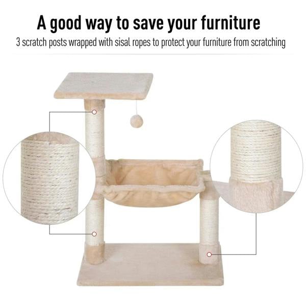 Beige cat scratch post with hammock bed and sisal-wrapped posts, multiple scratch areas