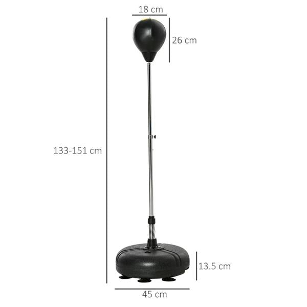 Black punching bag on adjustable stand with size dimensions