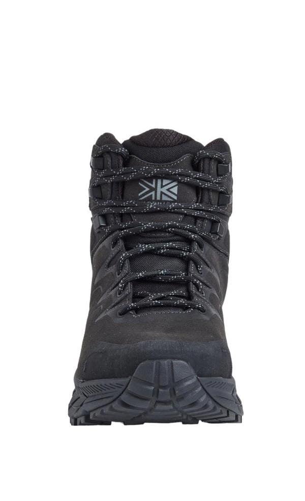 Karrimor Goshawk Mens Casual Walking Trail Hiking Outdoor Ankle Boots, front view of black hiking boot with laced closure and rugged sole for outdoor activities.