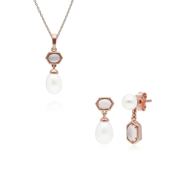 270P030802925-270E031001925 Modern Pearl & Opal Pendant & Earring Set in Rose Gold Plated Silver 1