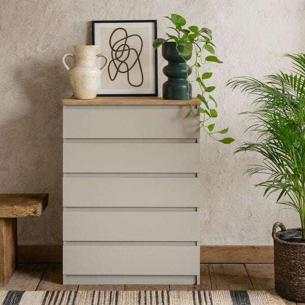 Wyld Haus Budapest Cream and Natural Oak Effect Wood Chest 5 Drawers