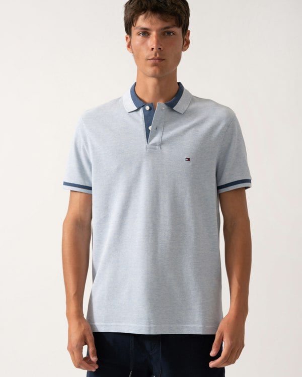 Tommy Hilfiger Contrast Collar Block Regular Fit Mens Polo - Heathered Blue Bros B0802 - CHO - Designer Mens Polo Shirts
