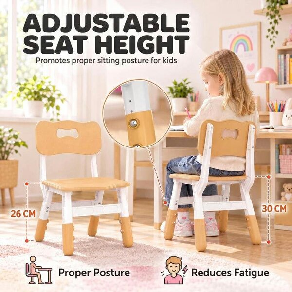 2 PCS Kids Desk Chairs, 3 Level Height Adjustable Children's Chairs with Backrest for 1.5-8 Years, Max Load 50KG, Brown
