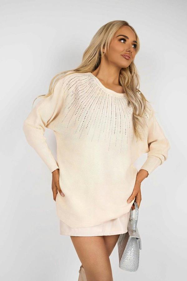 Haisley Long Sleeve Knitted Jumper With Embellished Neckline - Beige