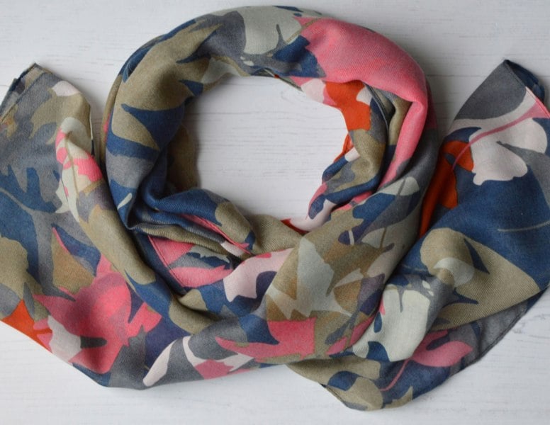 Antonia York Leaf Scarf | Hannah Large Light Weight Gauzy Wrap Recycled Polyester Blue Sage Pink