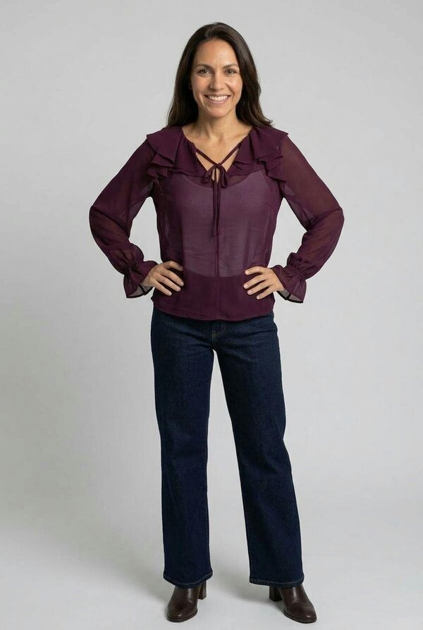 Izabel London Semi Sheer Layered Frill Neck Blouse - Purple