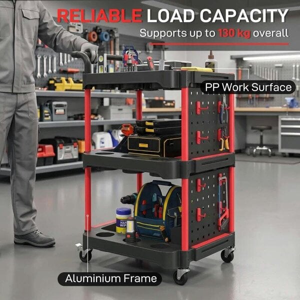 3-Tier Rolling Tool Cart with Pegboard and Hooks, Storage Trolley Wheel Cart with Brakes, Black & Red