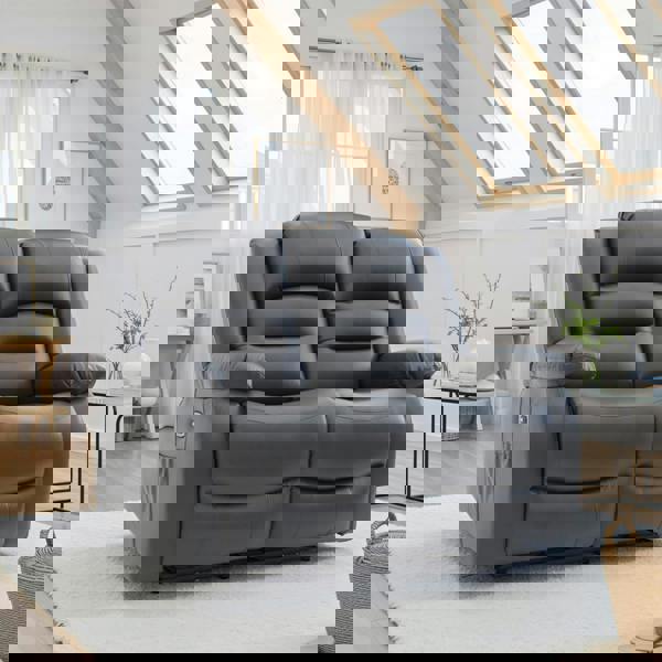 Furnishings For Less Arlo Leather Like Black or Grey 3 + 2 Electric Reclining Sofa Suite USB Charging + Drinks Tray