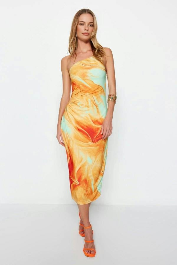 WOVCOR Printed Fitted Long Adjustable Strap Knitted Pencil Dress