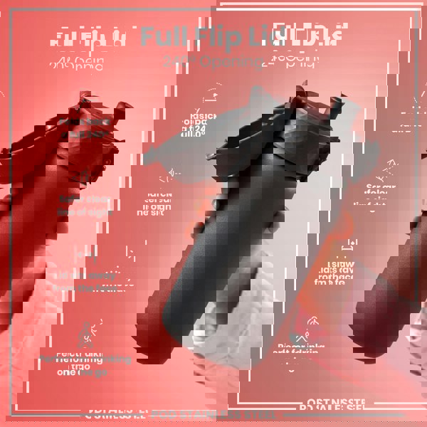 A dark gray stainless steel water bottle with a full flip lid, being held, against a pink background. The lid folds back 240°.