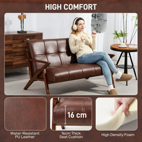 Bobobiy Compact 2 Seater Sofa, Vintage Tufted Loveseat Sofa with Solid Wood Legs, PU Leather Small Couch Settee, 133 x 81 x 78.5 cm, Brown