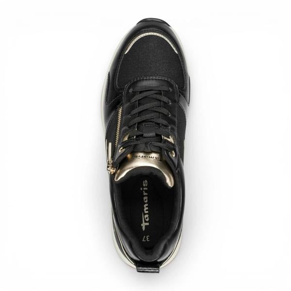 Tamaris Women's Black Gold Platform Zip Lace-Up Sneakers