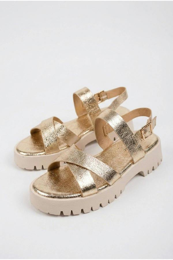 Edie Chunky Sole Crossover Strap Sandals - Gold