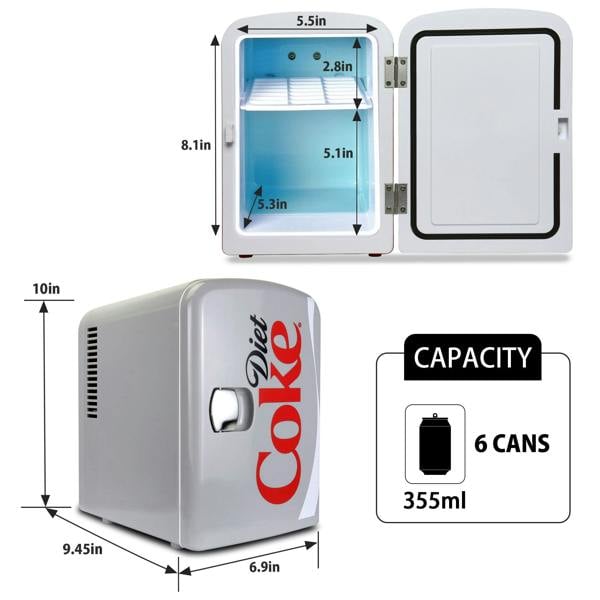Coca-Cola Diet Coke 4L Mini Fridge Grey 6 Can Portable Cooler & Warmer for Desk, Bedroom or Car (12V)