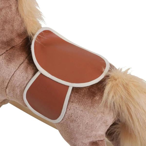 Brown plush rocking horse saddle with white trim and cushioned seat