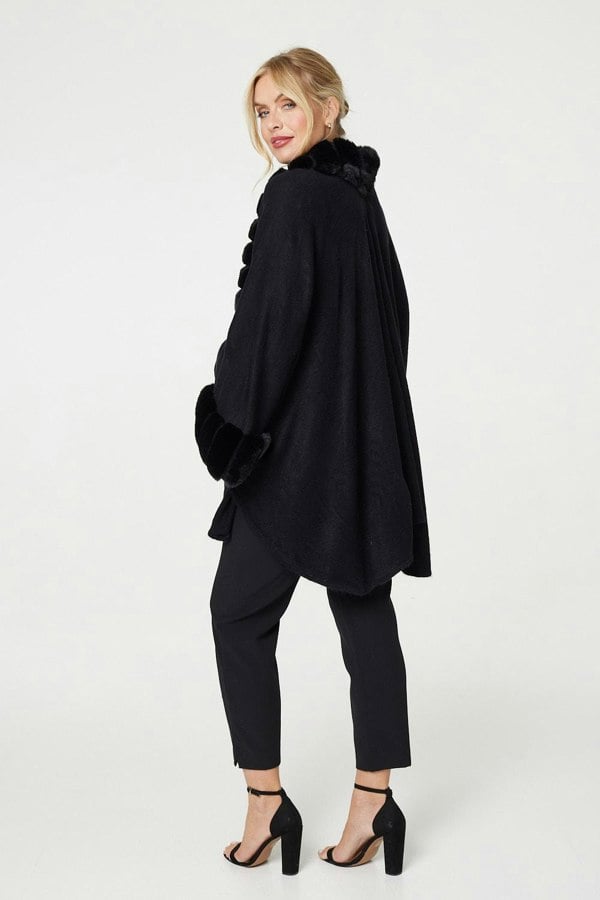 Black | Faux Fur Longline Hanky Hem Poncho
