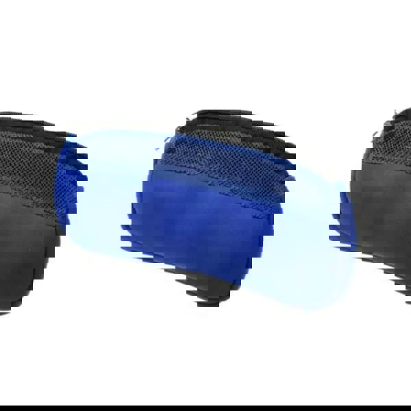 Royal blue spongy neoprene swim goggle pouch with black zipper and mesh fabric pocket