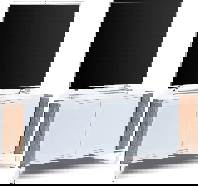 MDA Designs CORVUS Corner-Friendly Gloss White Contemporary Cabinet with Walnut Profiles White BeamThru Glass Doors for Flat Screen TVs up to 50"