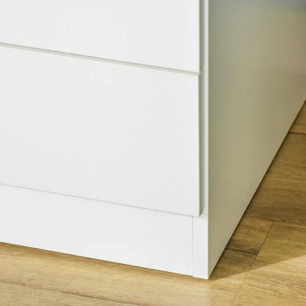 White cabinet base with straight edges and bottom panel, side view.