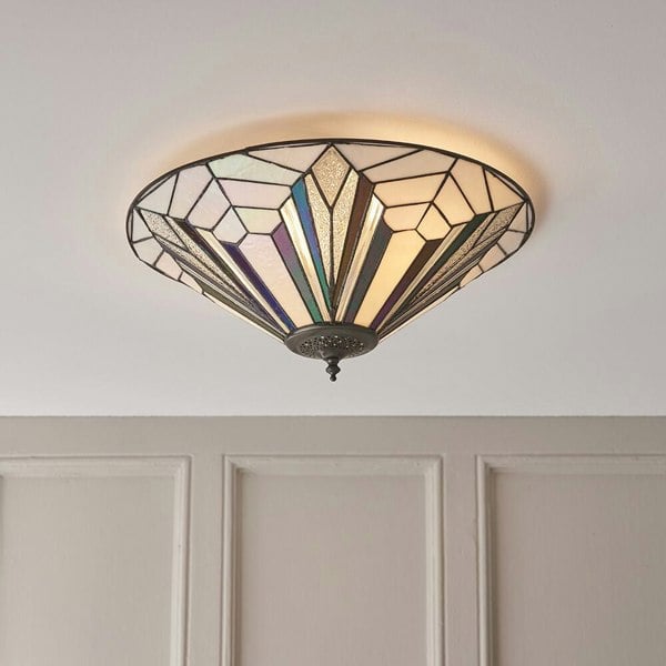 Tiffany Glass Semi-Flush Ceiling Light - Art Deco Round Inverted Shade - i00033 Loops