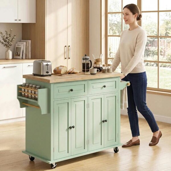 Rolling Kitchen Island Storage Trolley with Rubber Wood Top & Drawers for Dining Room, Light Green