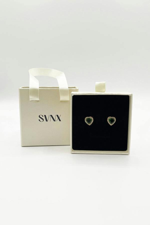 SVNX Emerald Green Diamante Heart Earrings in Gold - Gift Boxed
