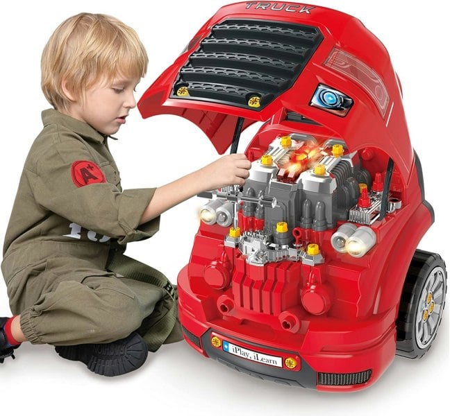deAO Toys Role-Play Mechanic Toy Truck – Disassemble & Build with Remote, Sound & Light, Red, Educational Gift for Children Ages 3–6