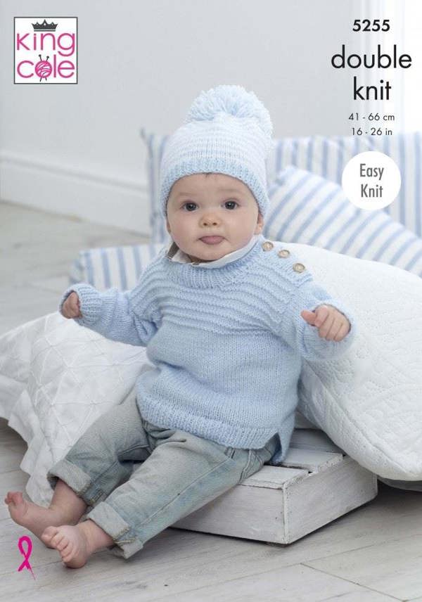 King Cole Big Value Baby DK Knitting Pattern 5255, Sweaters, Headwear for Baby, Kids, 16 - 26 Inches - Easy