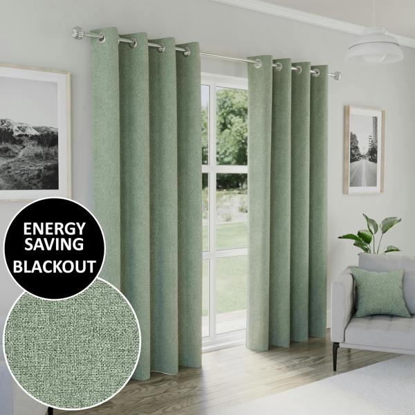 Enhanced Living Green Textured Basketweave 100% Blackout Curtains - Thermal/Energy Saving Pair with Eyelets For Living Room & Bedrooms