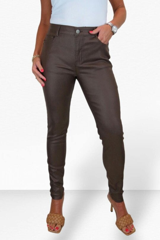 Paulo Due Womens Skinny Coated Leather Look Jeans - Dark Brown