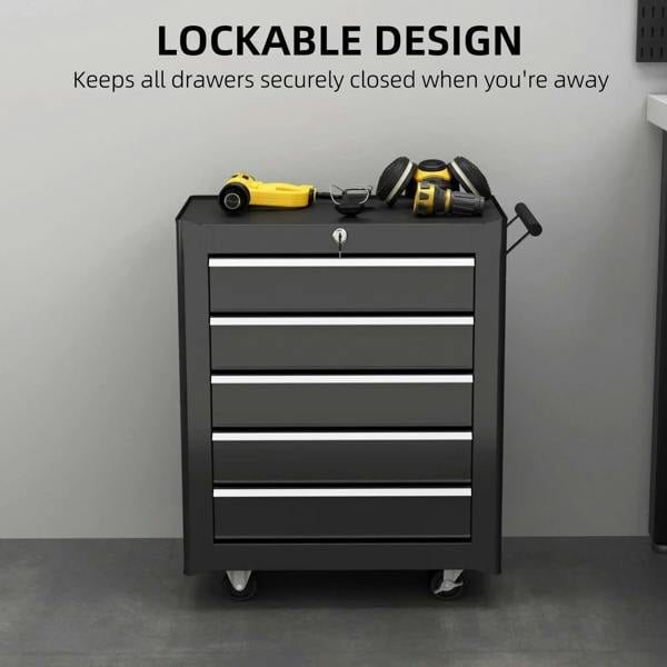 Lockable black 5-drawer tool chest with keyhole, top handle, and caster wheels
